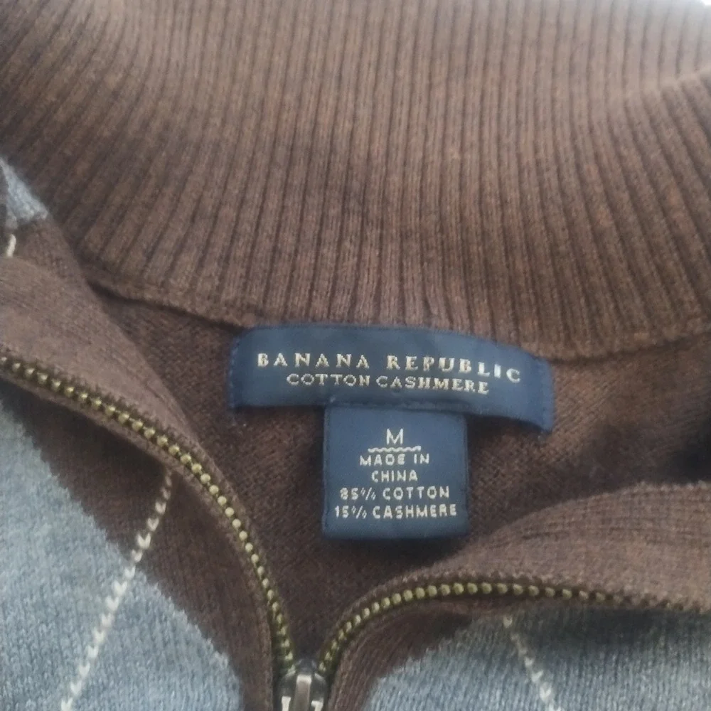 Banana Republic Argyle Sweater Mens Medium Brown 1/4 Zip Cotton Cashmere 00s